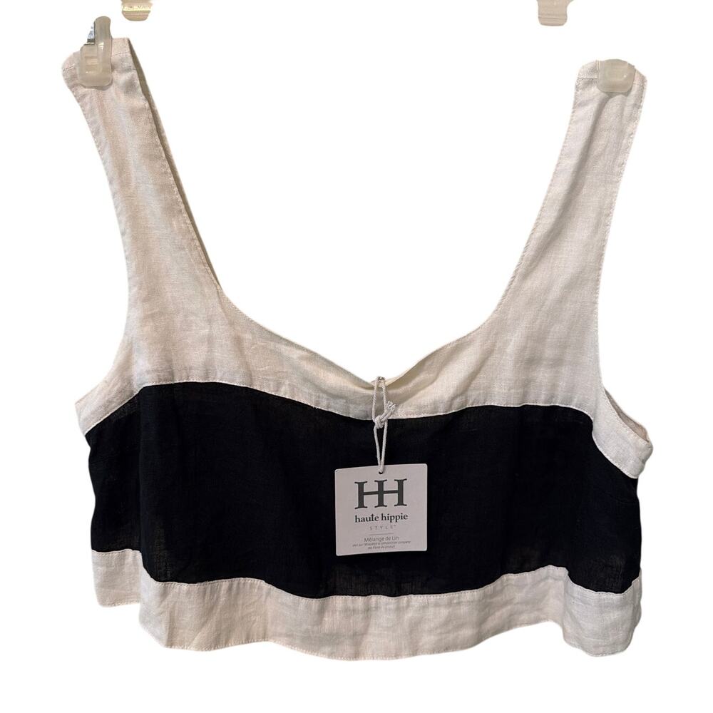 Haute Hippie Crop Top Women's Size Medium Black & White Color Block Linen Blend
